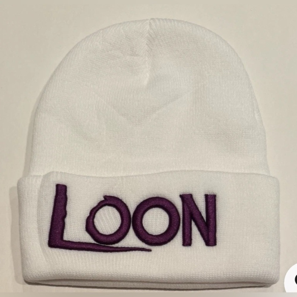 Loon White Knit Beanie Embroidered w/ Purple Stitching Hat Cap Funny